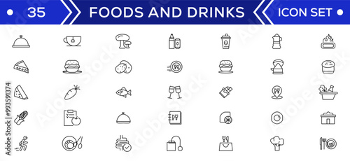 Food and drink icon collection set. Thin outline icons. Meat, milk, noodle, soup, bread, egg, cake, sweets, fruits, vegetables, drinks, nutrition, pizza, fish, sauce, cheese icon