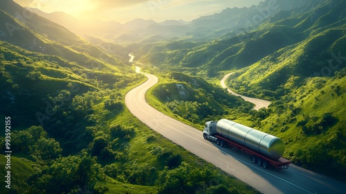 Aerial view of a flatbed truck carrying a large stainless steel tank through winding roads of a lush green mountainous landscape, 3D rendering, hyper-detailed, vibrant colors photo