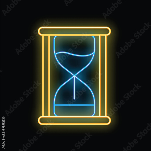 Neon hourglass with flowing sand representing time passing by