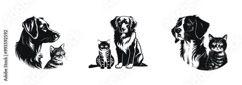 Set of pets sitting together in various poses, detailed vector illustration. Black and white designs different breeds of dogs and cats sit side by side.