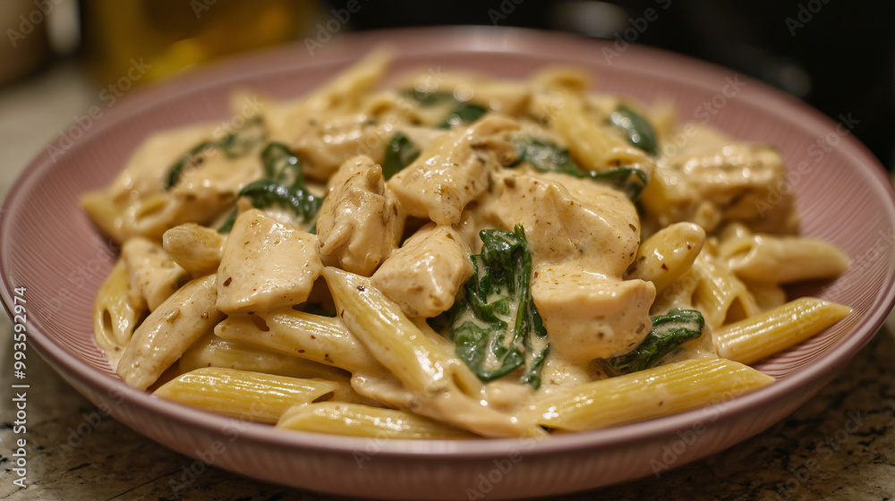 Creamy Chicken and Spinach Pasta in a pink plate on a dinner table. The chicken is diced. The pasta is penne pasta. Creamy Chicken and Spinach Pasta in a pink plate on a dinner table. The chicken is diced. The pasta is penne pasta.