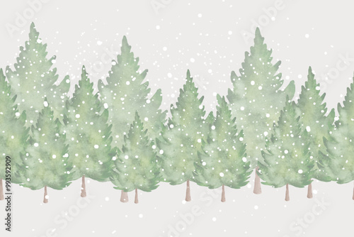 Watercolor winter forest, seamless border line, ribbon design for christmas decor