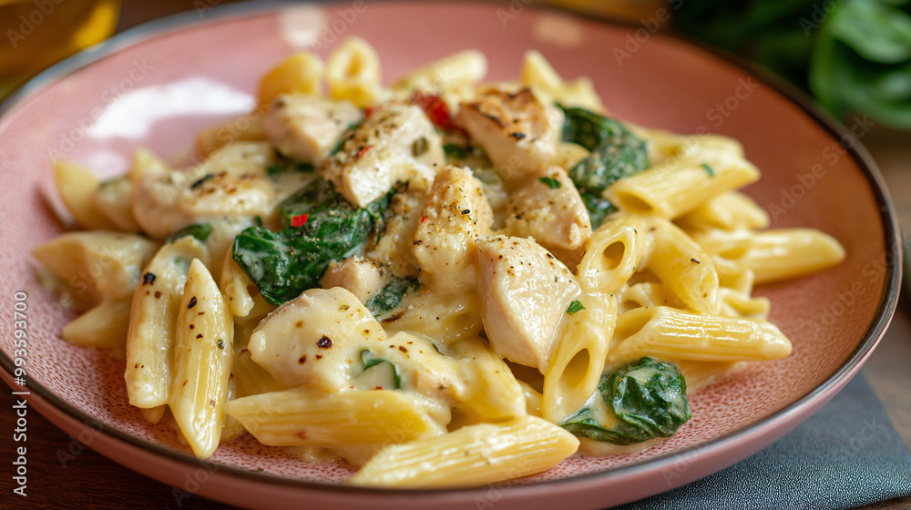Creamy Chicken and Spinach Pasta in a pink plate on a dinner table. The chicken is diced. The pasta is penne pasta. Creamy Chicken and Spinach Pasta in a pink plate on a dinner table. The chicken is diced. The pasta is penne pasta.