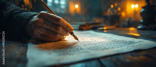 Close up of a hand writing on parchment paper with a quill pen.