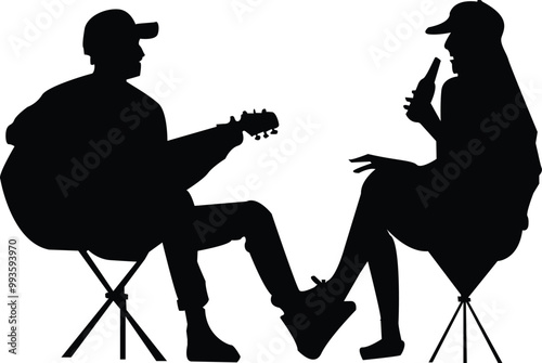 Young couple playing guitar and drinking beer vector illustration