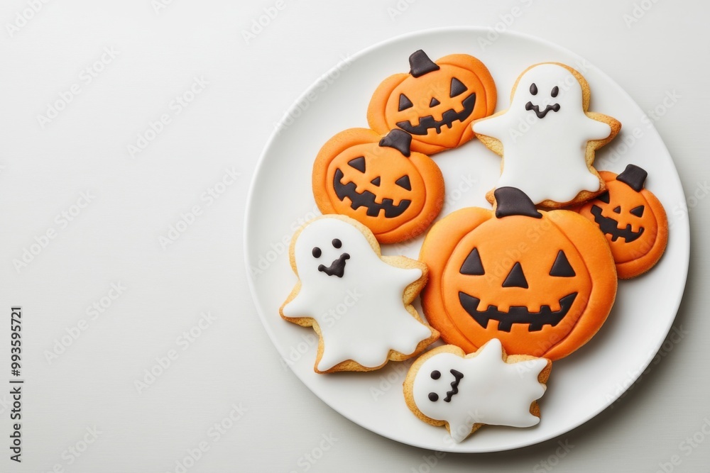 Fototapeta premium Festive Halloween cookies with ghosts and pumpkins on a white plate
