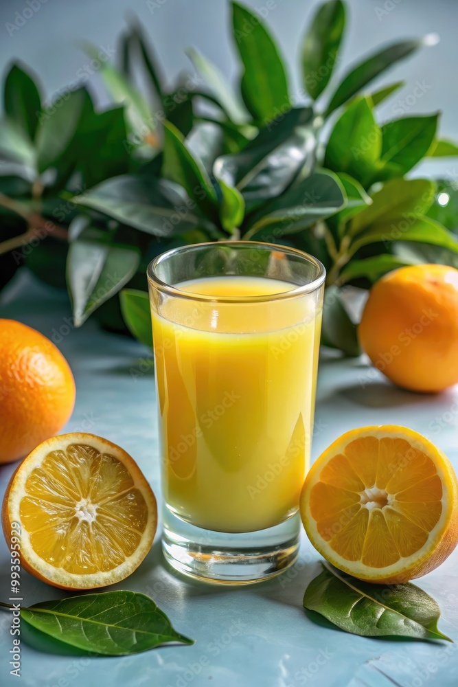 Refreshing orange juice with fresh oranges and leaves. Refreshing orange juice with fresh oranges and leaves.