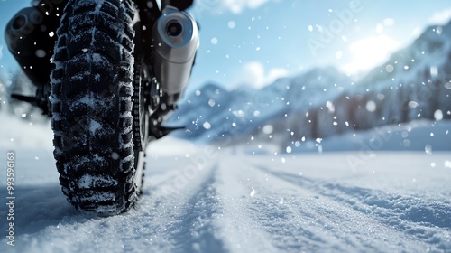 Close-up of a motorcycle tire on a snow-covered road with a backdrop of snow-capped mountains and falling snowflakes under a bright blue sky.