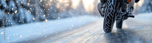 Close-up of a motorcycle tire on a snowy road, capturing the adventurous spirit of winter riding in a scenic landscape.