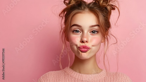 Portrait of a teenage girl making a kiss face against a pink background