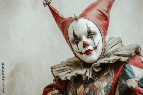 Aesthetic portrait of a jester character in a vintage costume with expressive makeup photo