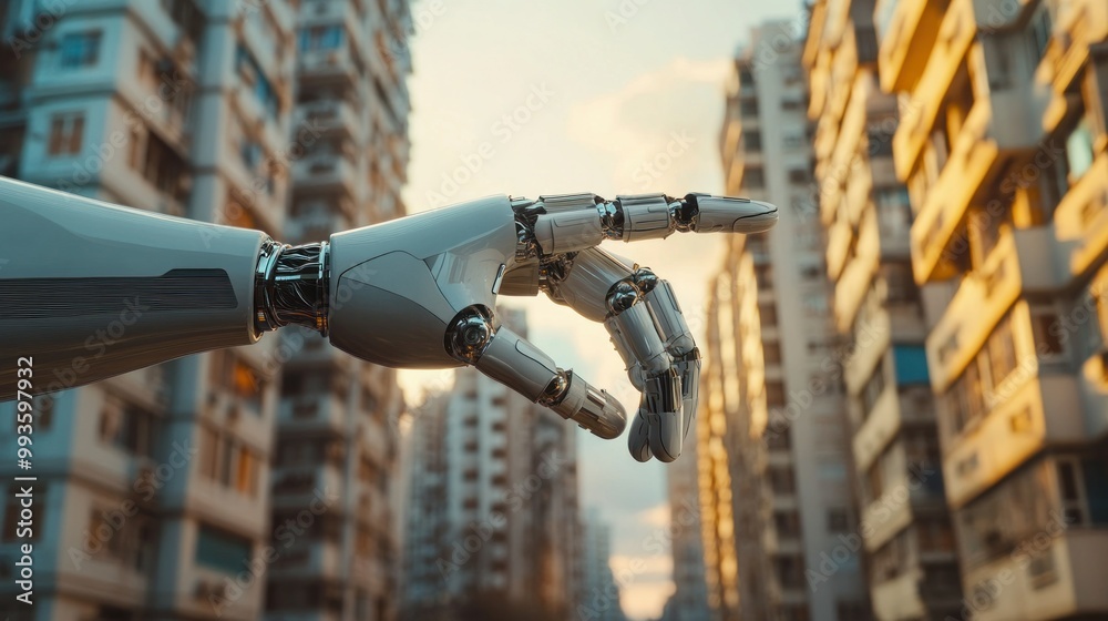 Futuristic Robotic Hand Reaching Towards Urban Skyline Futuristic Robotic Hand Reaching Towards Urban Skyline