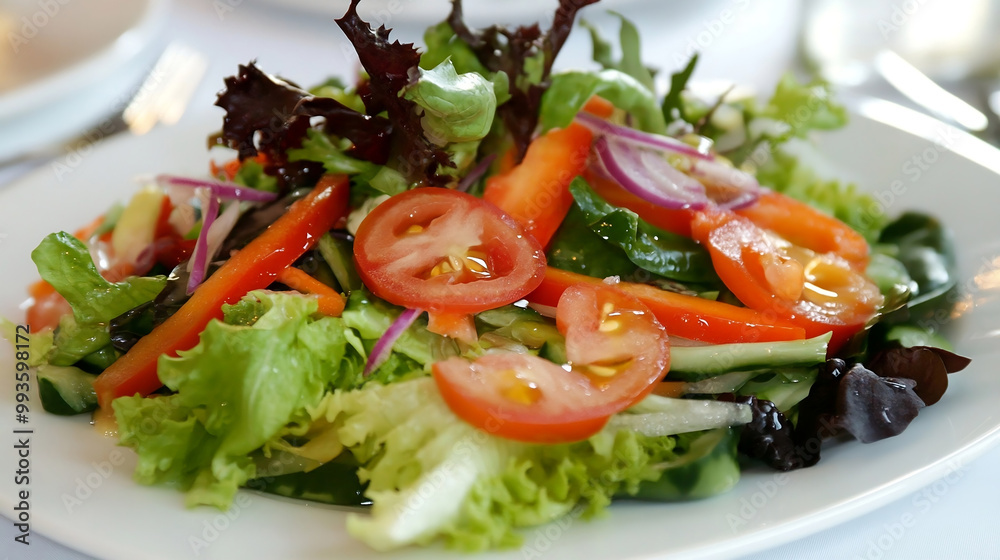 Salad with fresh vegetables on a white plate, close-up Salad with fresh vegetables on a white plate, close-up
