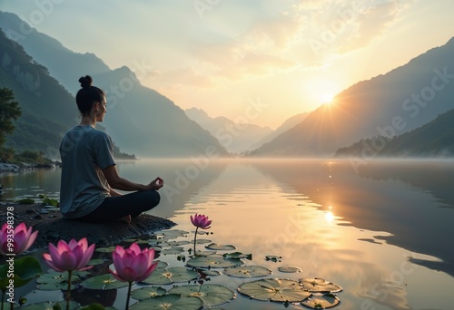 Person meditating by a tranquil lake at sunrise surrounded by lotus flowers and mountains