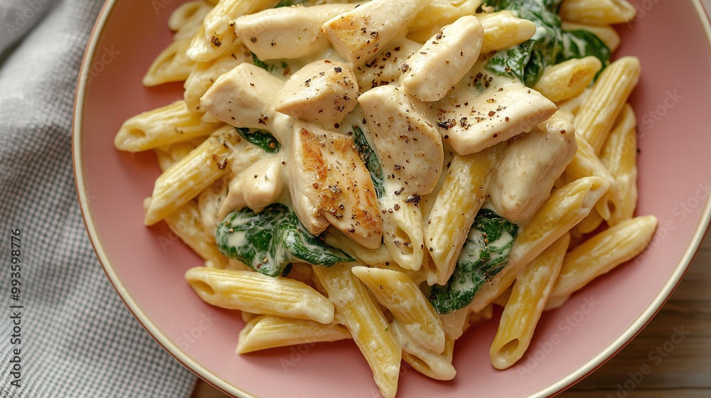 Creamy Chicken and Spinach Pasta in a pink plate on a dinner table. The chicken is diced. The pasta is penne pasta. Creamy Chicken and Spinach Pasta in a pink plate on a dinner table. The chicken is diced. The pasta is penne pasta.