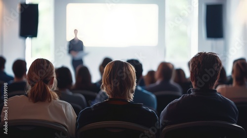 Business and entrepreneurship conference. Presenter delivering a speech at a business event. Attendees seated in the conference hall. Rear view of an unidentifiable audience member.