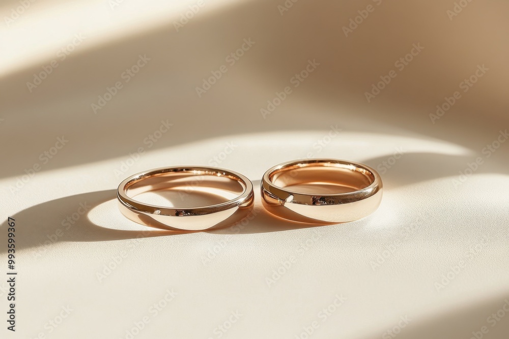 Elegant shot of wedding bands resting side by side on a smooth surface in soft light Elegant shot of wedding bands resting side by side on a smooth surface in soft light