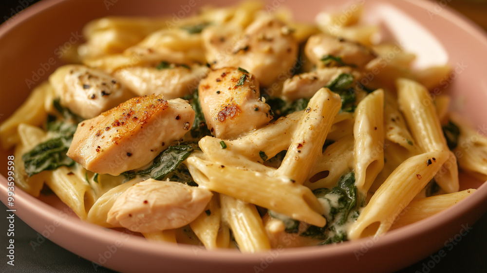 Creamy Chicken and Spinach Pasta in a pink plate on a dinner table. The chicken is diced. The pasta is penne pasta. Creamy Chicken and Spinach Pasta in a pink plate on a dinner table. The chicken is diced. The pasta is penne pasta.