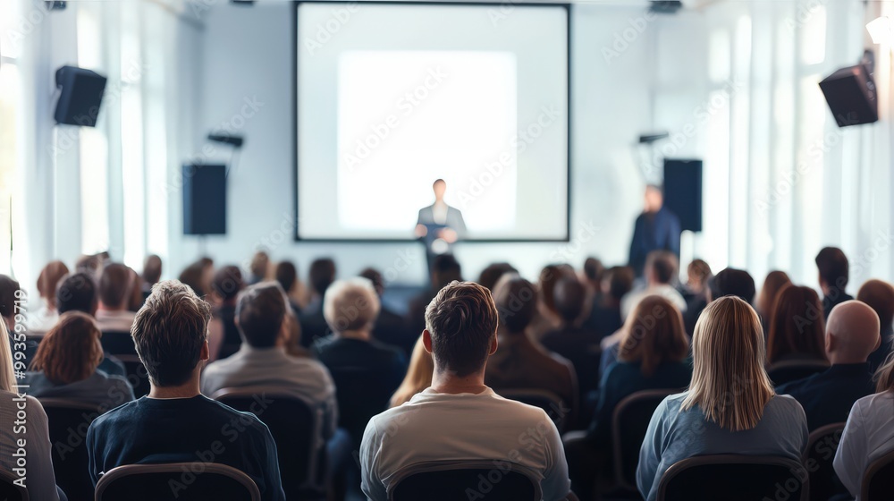 © M2A - Business and entrepreneurship conference. Presenter delivering a speech at a business event. Attendees seated in the conference hall. Rear view of an unidentifiable audience member.