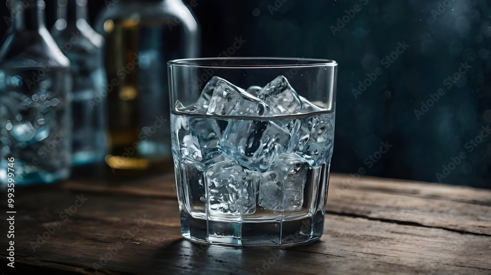 Glass of ice-cold water with ice cubes, perfect for a refreshing water advertisement, ideal for wallpaper art Glass of ice-cold water with ice cubes, perfect for a refreshing water advertisement, ideal for wallpaper art