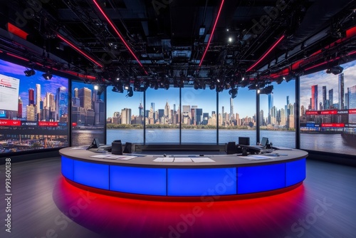 A modern and sophisticated TV news studio. photo