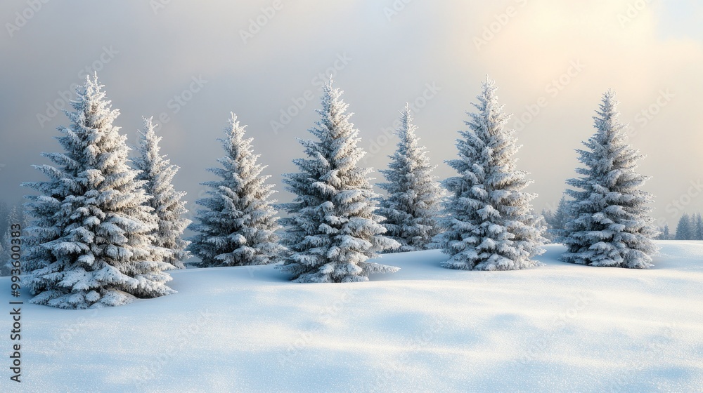 Fototapeta premium A serene winter landscape featuring snow-covered evergreen trees under a cloudy sky.