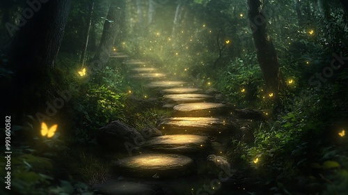 Stone path through a mysterious forest lit by glowing fireflies.