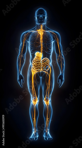 3d Diagram of human systems: the cardiovascular, nervous, skeletal, and lumbar isolated on black background