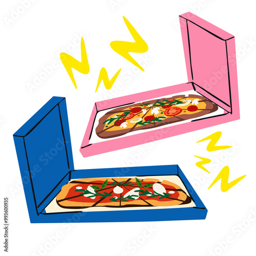 Pizza delivery. Colorful pizza box. Italian pizza with basil, arugula, tomatoes, mushrooms, salami and mozzarella. Retro doodle illustration for restaurant and pizzeria