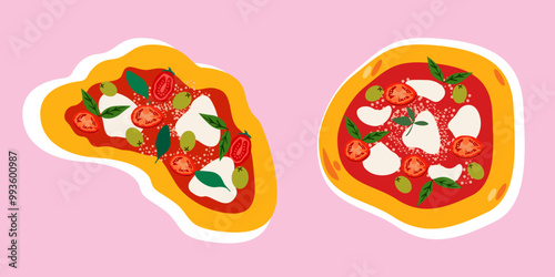 National Pizza Day. Margherita, salami pizza and mushroom pizza. Stickers of Italian cuisine cooking, a national dish. Trendy food and pizza stickers in 90s doodle groovy style