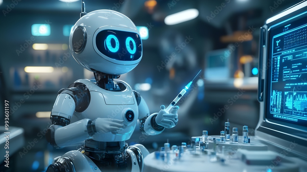Sleek robot giving a vaccine to a human, soft glowing syringe, futuristic clinic with blue LED lighting, holographic displays showing patient data Sleek robot giving a vaccine to a human, soft glowing syringe, futuristic clinic with blue LED lighting, holographic displays showing patient data
