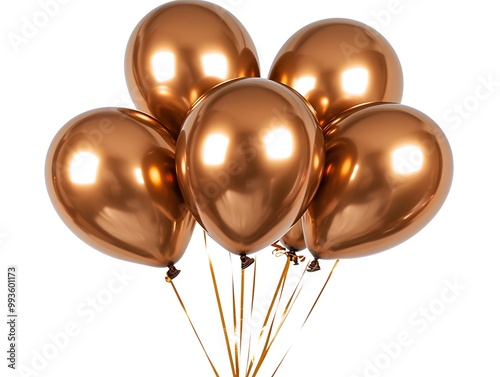 Five shiny copper balloons with golden strings on white background.