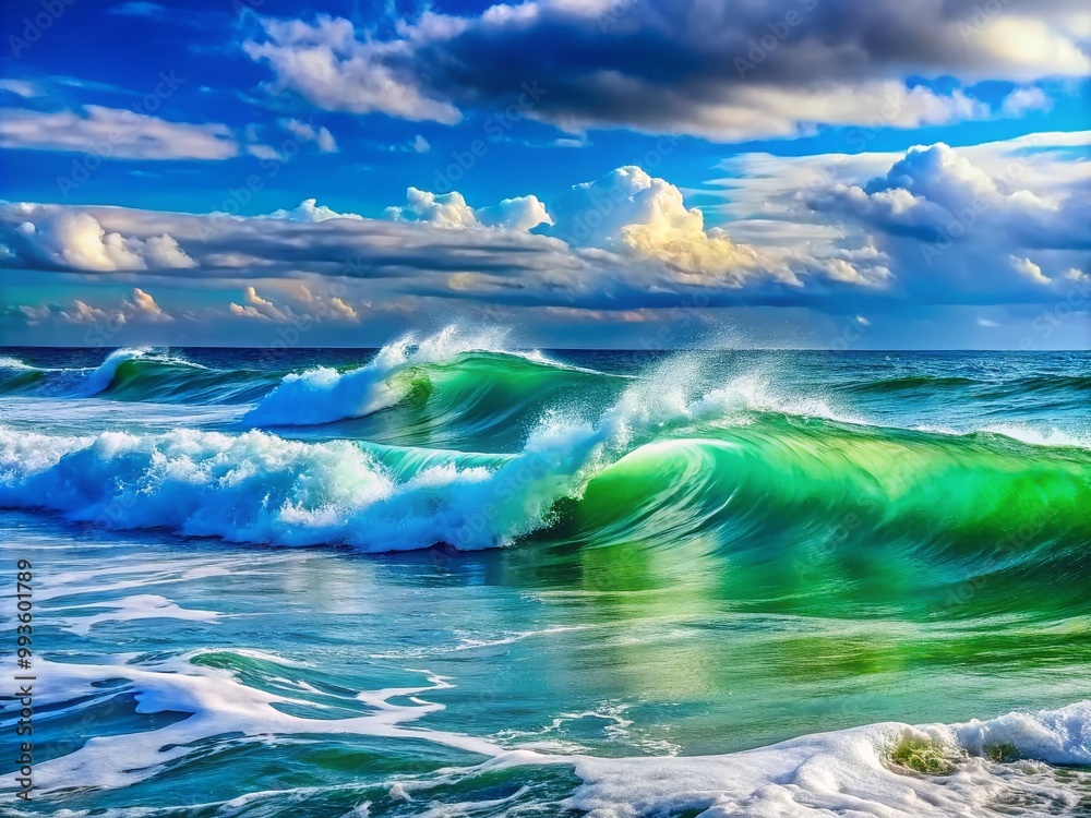 Naklejka premium Tranquil Ocean Blue and Green Waves Under Bright Sky Capturing Nature's Serene Beauty and Depth