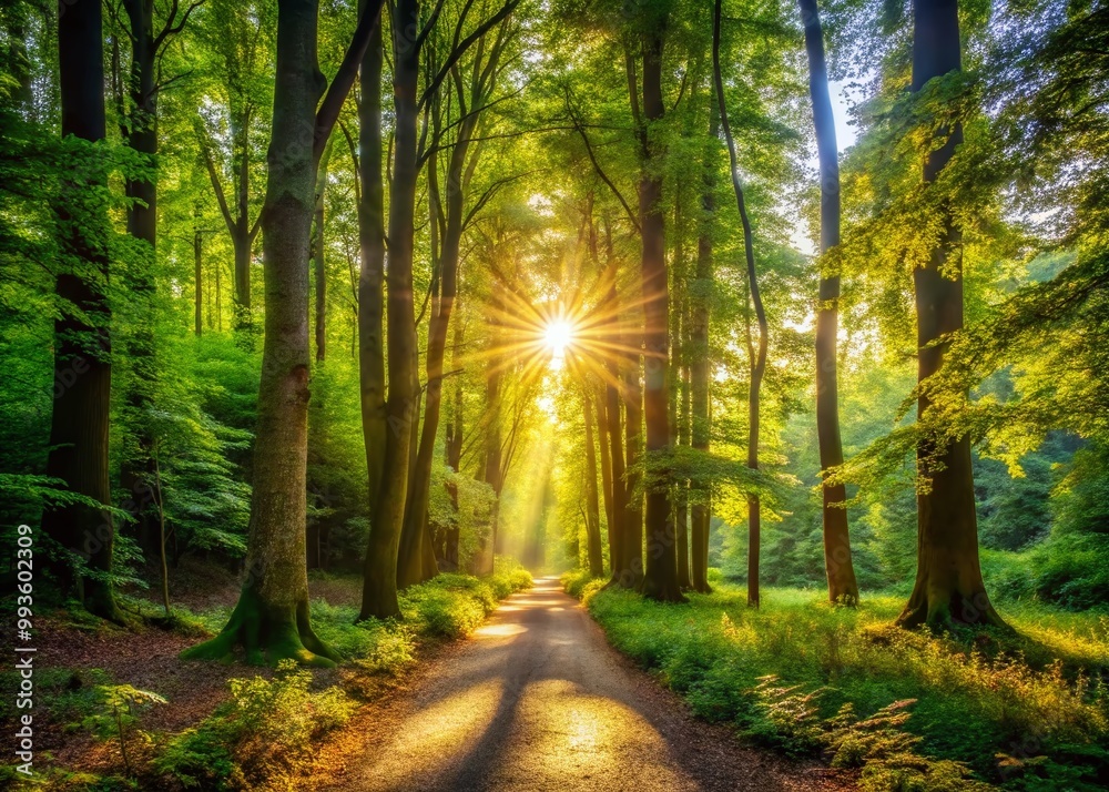 Obraz premium Tranquil Pathway Through Lush Green Woods Surrounded by Tall Trees and Sunlight Filtering Through
