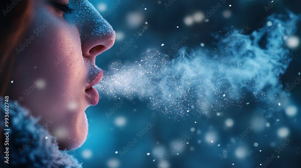 Woman blowing frosty breath in winter, close up. Woman blowing frosty breath in winter, close up.