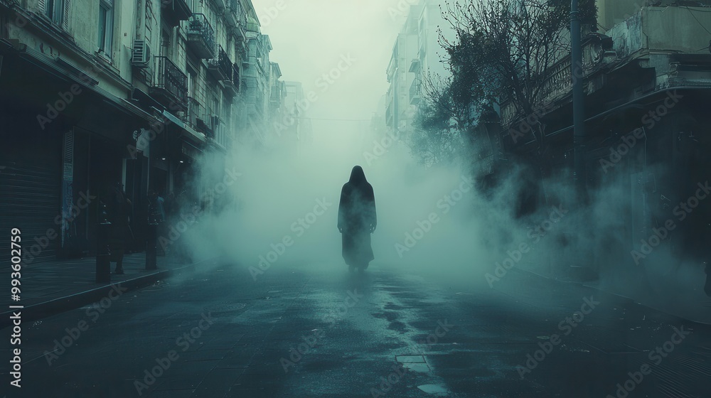 Mysterious Figure Emerging from Foggy Street Scene Mysterious Figure Emerging from Foggy Street Scene