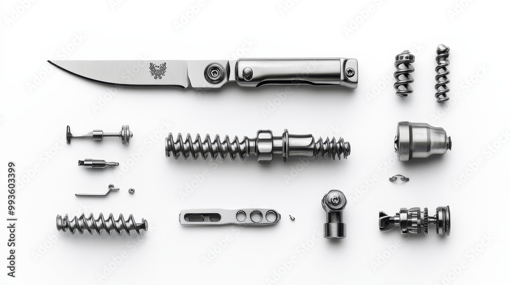 Close-up of a corkscrew knife disassembled, each part neatly aligned, industrial design, monochromatic tones, crisp lighting on a pure white background Close-up of a corkscrew knife disassembled, each part neatly aligned, industrial design, monochromatic tones, crisp lighting on a pure white background