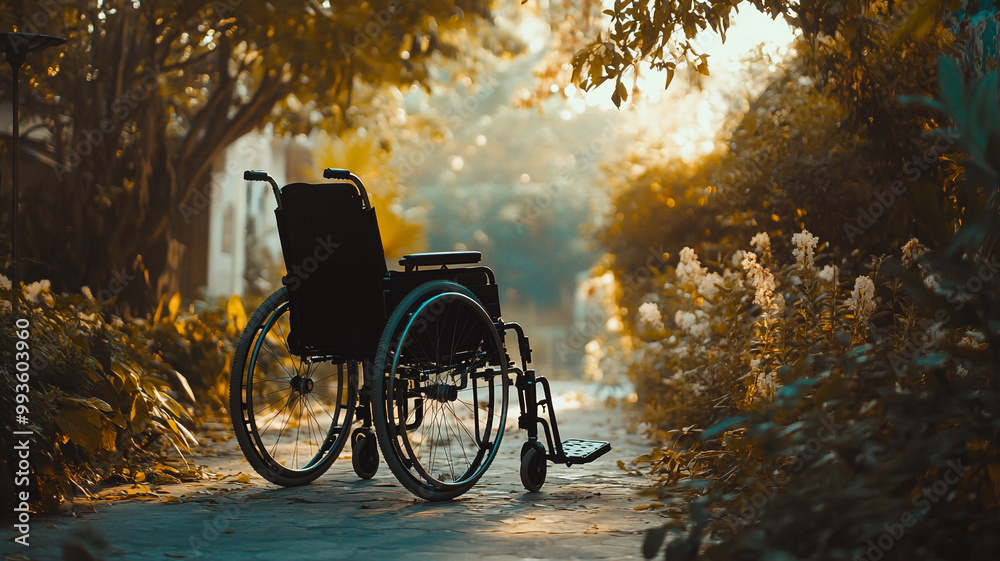 Obraz premium A wheelchair sits on a peaceful garden path during disabilities awareness day in a serene setting
