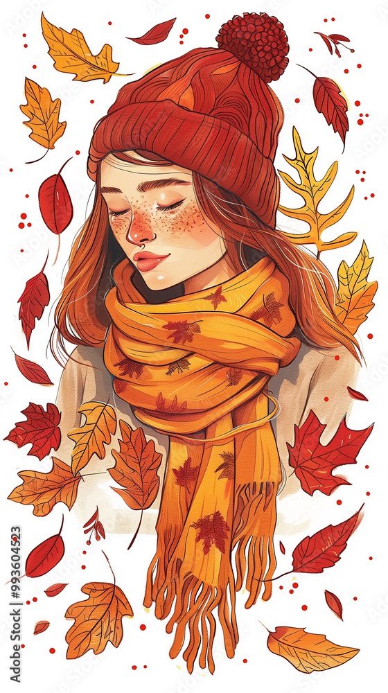 Fototapeta premium Stylized Portrait of a Woman in Cozy Autumn Attire Surrounded by Falling Leaves – Digital Illustration