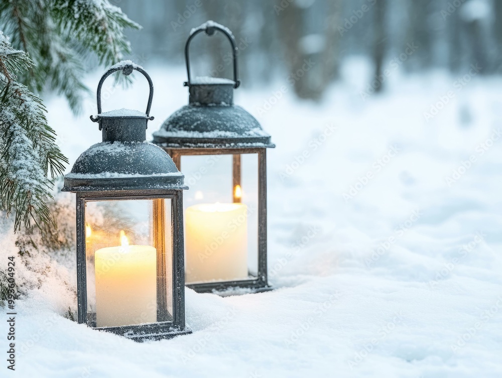 Two lanterns with candles in snow, serene winter scene. Two lanterns with candles in snow, serene winter scene.