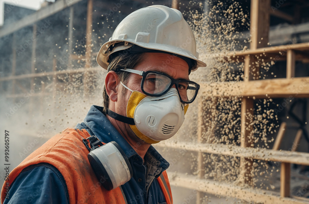 Obraz premium construction worker wearing a helmet, glasses, and mask, prioritizing safety