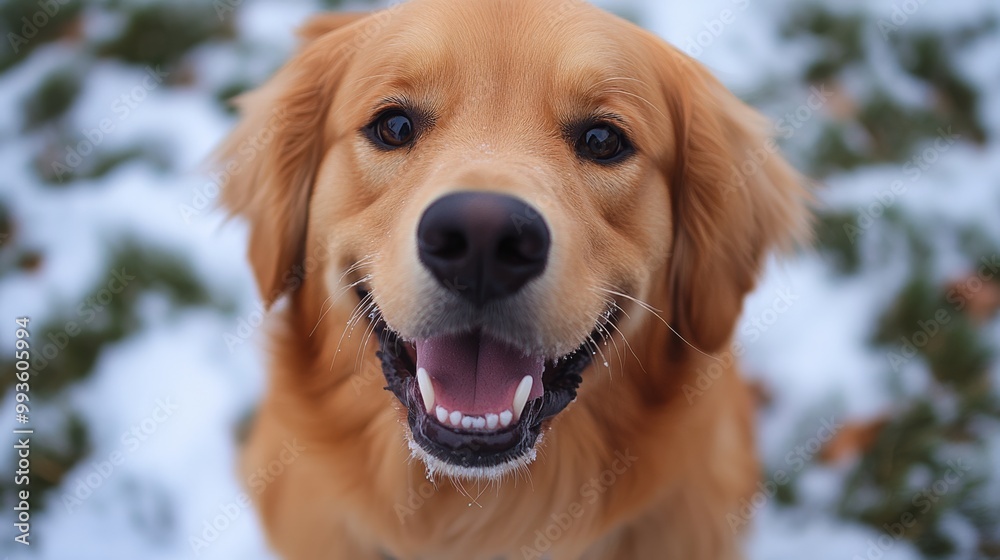 Obraz premium Close-up of a happy Golden Retriever in a snowy yard, showcasing its playful nature.
