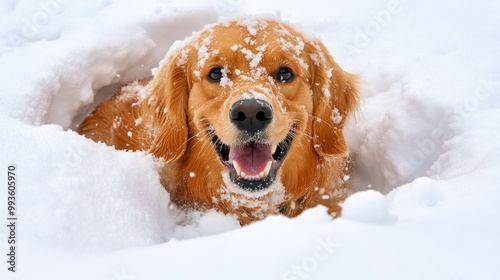Golden retriever playing in the snow with a joyful expression, surrounded by fresh white snow.
