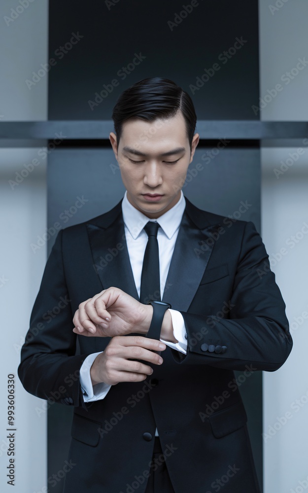 Timeless Elegance: A sophisticated Asian businessman in a black tuxedo, adjusting his wristwatch, exudes an air of quiet confidence and refined style. Timeless Elegance: A sophisticated Asian businessman in a black tuxedo, adjusting his wristwatch, exudes an air of quiet confidence and refined style.