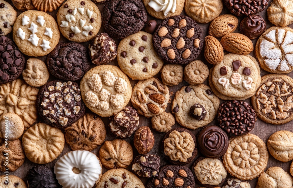A variety of sweet treats arranged in an abstract design.
