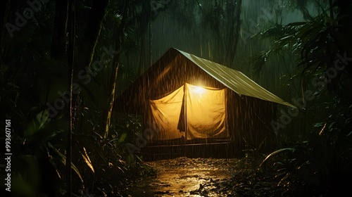 Illuminated tent under heavy rain in a dense forest setting with tropical surroundings photo