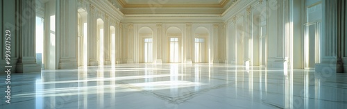 Spacious marble hall with towering columns, arched ceilings, and streaming sunlight