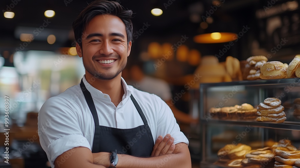 A smiling male entrepreneur stands in front of his coffee shop A smiling male entrepreneur stands in front of his coffee shop