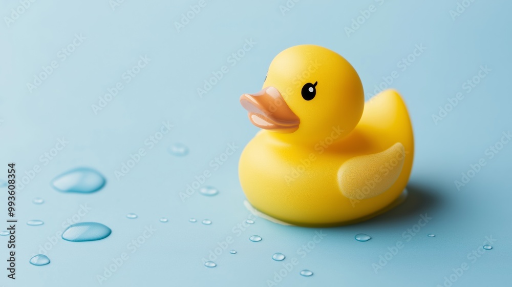 A cheerful rubber duck floating on a calm blue surface with droplets of water around it, perfect for a playful background. A cheerful rubber duck floating on a calm blue surface with droplets of water around it, perfect for a playful background.