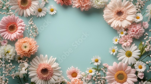 A square frame made of soft pastel pink, peach, and white flowers with daisies around it